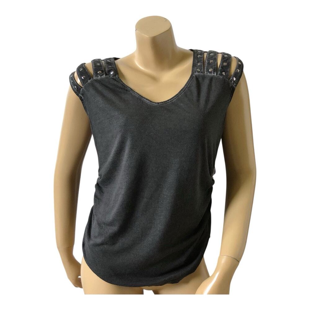 Rock & Republic Top Womens XS Gray Studded Cutout Shoulder Ruched Punk Rock